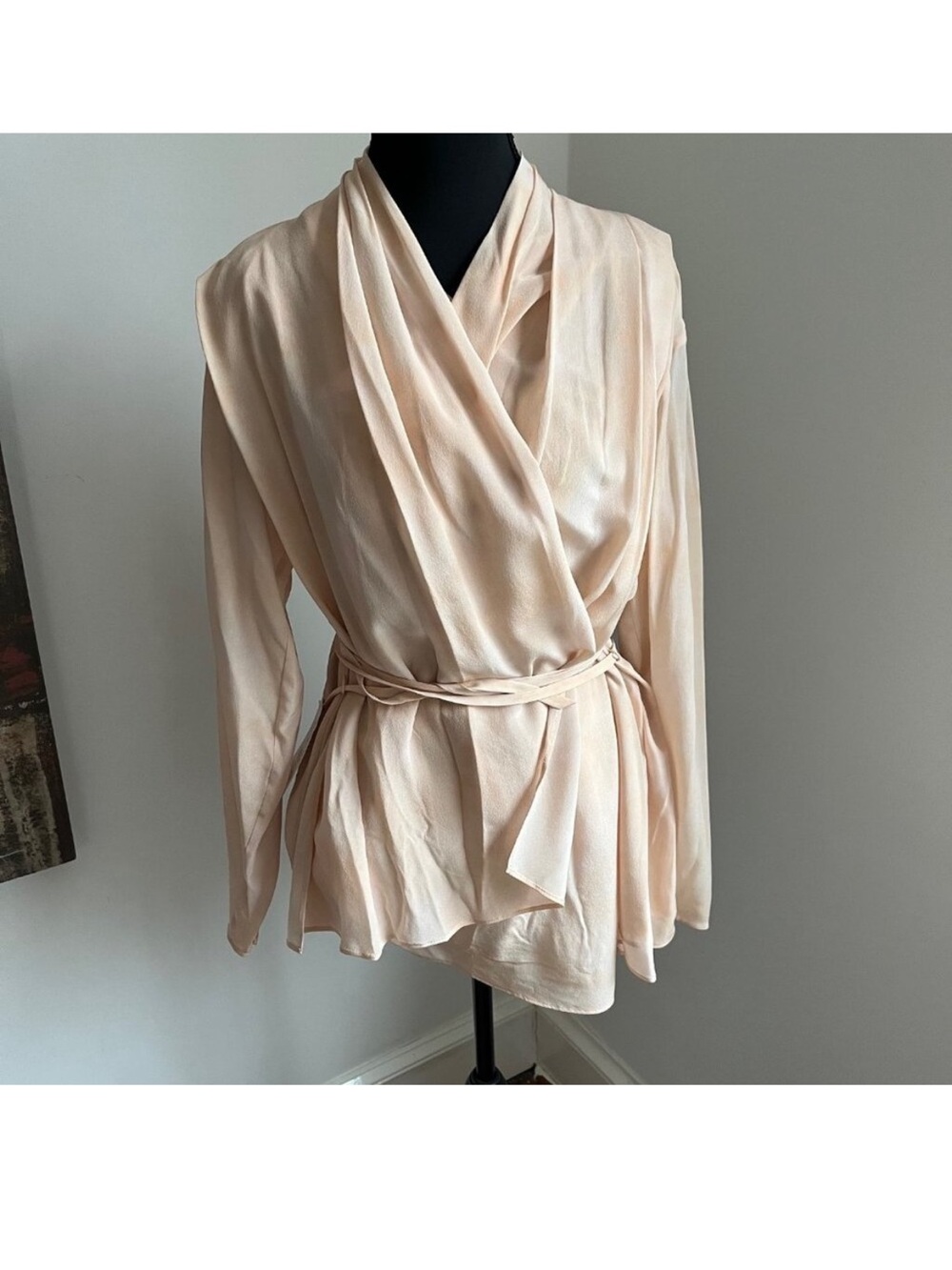 M.M. LaFleur Marguerite silk wrap blouse in Peach Brushstroke Ballet color